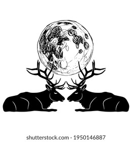 Symmetrical animal design and two lying elks deer holding full moon their antlers  Creative mythological nature concept  Black   white silhouette 