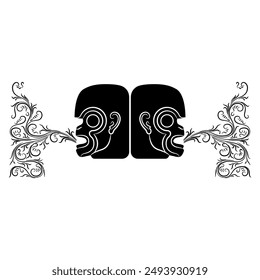 Symmetrical animal design with two monkey heads breathing swirls of air or sound. Ethnic design of Maya Indians. Black and white silhouette.