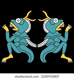 Symmetrical animal design with two monster locusts. Native American art of Aztec Indians from Mexican codex. On black background.