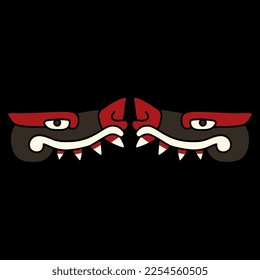 Symmetrical animal design with two monster animal heads with sharp teeth. Native American art of Aztec Indians from Mexican codex. On black background.