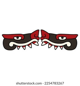 Symmetrical animal design with two monster animal heads with sharp teeth. Native American art of Aztec Indians from Mexican codex. Isolated vector illustration.