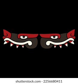 Symmetrical animal design with two monster animal heads with sharp teeth. Native American art of Aztec Indians from Mexican codex. On black background.