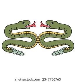Symmetrical animal design with two rattle snakes from Aztec codex. Native American art of ancient Mexico. Isolated vector illustration.
