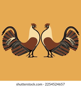 Symmetrical animal design with two roosters. Ancient Greek vase panting style. On yellow background.