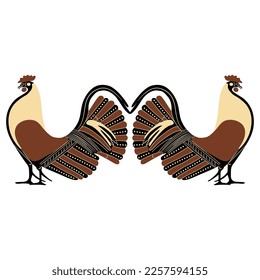 Symmetrical animal design with two roosters. Ancient Greek vase panting style. Isolated vector illustration. On white background.