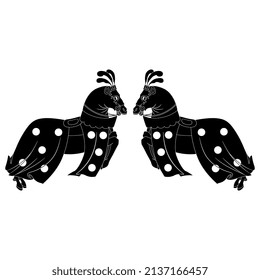 Symmetrical animal design with two running or jumping horses in medieval tournament joust horseclothes. Black and white silhouette. Isolated vector illustration.