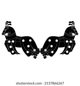 Symmetrical animal design with two running or jumping horses in medieval tournament joust horseclothes. Black and white silhouette. Isolated vector illustration