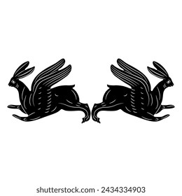 Symmetrical animal design with two running winged hares or rabbits. Ancient Greek or Roman vase painting style. Black and white silhouette.