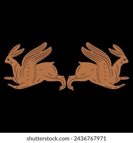 Symmetrical animal design with two running winged hares or rabbits. Ancient Greek or Roman vase painting style. Easter symbol.