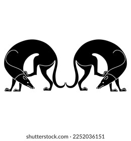 Symmetrical animal design with two scratching dogs. Ancient Greek style. Black and white silhouette. 