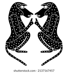 Symmetrical animal design with two seated male hamadryas baboon monkey or ape. Ancient Egyptian animal design. Embodiment of god Thoth. Black and white negative silhouette.