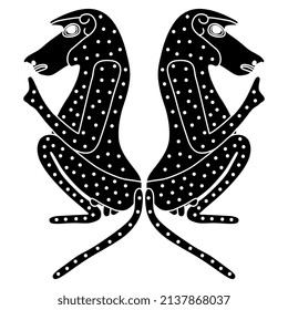 Symmetrical animal design with two seated male hamadryas baboon monkey or ape. Ancient Egyptian animal design. Embodiment of god Thoth. Black and white negative silhouette.
