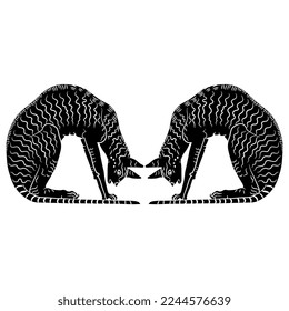Symmetrical animal design with two seated cats. Ancient Egyptian style. Black and white silhouette.