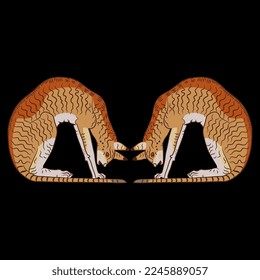 Symmetrical animal design with two seated tabby domestic cats. Ancient Egyptian art. On black background.