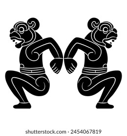 Symmetrical animal design with two seated jaguar men tied together. Native American ethnic animal motif of Totonac Indians from Veracruz, Mexico. Indigenous mythology. Black and white silhouette.