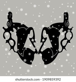 Symmetrical animal design with two silhouetted elks or deer under snowflakes. Scythian or Permian ethnic style.