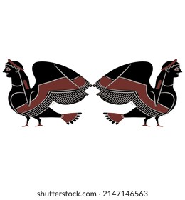 Symmetrical animal design with two Siren or harpy. Ancient Greek vase painting style. Antique mythology. Fantastic bird with female head.