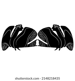 Symmetrical animal design with two Siren or harpy. Ancient Greek vase painting style. Antique mythology. Fantastic bird with female head. Black and white silhouette.