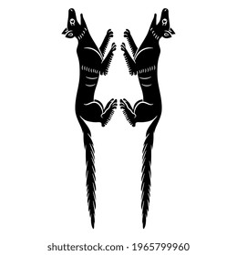 Symmetrical animal design with two squirrels or foxes. Black and white silhouette.