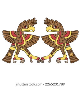 Symmetrical animal design with two standing or dancing eagle birds with open wings. Native American symbol of Aztec Indians from Mexican codex. Isolated vector illustration.