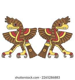 Symmetrical animal design with two standing or dancing eagle birds with open wings. Native American symbol of Aztec Indians from Mexican codex. Isolated vector illustration.