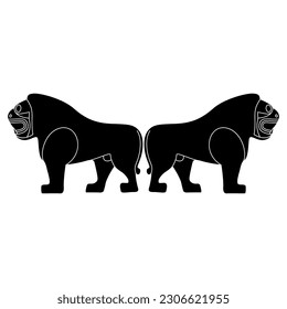 Symmetrical animal design, with two standing Hittite lions in profile. Black and white silhouette.