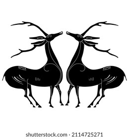 Symmetrical animal design with two stylized deer or doe with antlers. Black and white negative silhouette. Ancient Greek ethnic animal design.