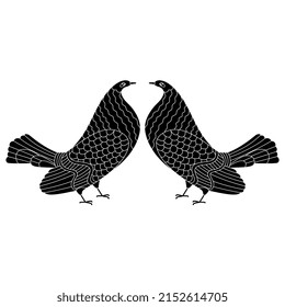 Symmetrical animal design with two stylized birds. Dove or pigeon. Black and white negative silhouette. Ancient Greek vase painting style. Isolated vector illustration.