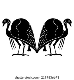 Symmetrical animal design with two stylized birds. Standing fowl. Ancient Greek vase painting style. Black and white negative silhouette.