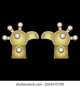 Symmetrical Animal Design With Two Stylized Heads Of Peacock Bird. Medieval Hunnish Design. Golden Jewelry Design With White Pearl Beads On Black Background.