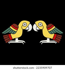 Symmetrical animal design with two stylized parrot birds. Folk style. Native American art of Aztec Indians from Mexican codex. On black background.