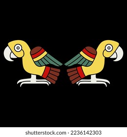 Symmetrical animal design with two stylized parrot birds. Folk style. Native American art of Aztec Indians from Mexican codex. On black background.