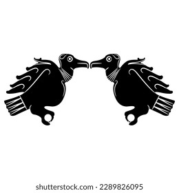 Symmetrical animal design with two stylized vultures or birds of prey. Ancient China jade figurines from Longshan culture. Black and white negative silhouette.