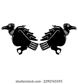 Symmetrical animal design with two stylized vultures or birds of prey. Ancient China jade figurines from Longshan culture. Black and white negative silhouette.