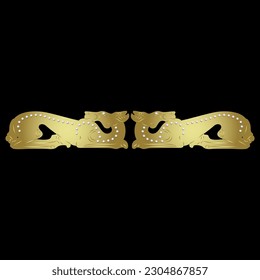 Symmetrical animal design with two stylized lying dogs or deer. Ethic style. Golden glossy silhouette with white pearl beads.
