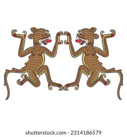 Symmetrical animal design with two stylized jaguars. Native American art of Aztec Indians. From Mexican codex. Isolated vector illustration.