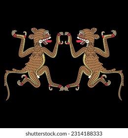 Symmetrical animal design with two stylized jaguars. Native American art of Aztec Indians. From Mexican codex. On black background.