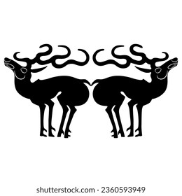 Symmetrical animal design with two stylized deer or elks. Ancient Siberian Scythian motif. Black and white silhouette.