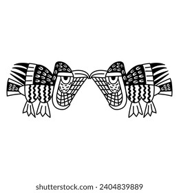 Symmetrical animal design with two stylized birds. Native American motif of Nazca Indians from ancient Peru. Black and white silhouette.