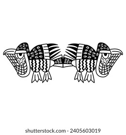 Symmetrical animal design with two stylized birds. Native American motif of Nazca Indians from ancient Peru. Black and white silhouette.