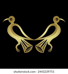 Symmetrical animal design with two stylized birds. Folk style. Golden glossy silhouette on black background.