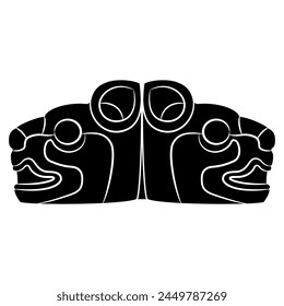 Symmetrical animal design with two stylized puma heads. Ethnic motif of Maya Indians. Native American art. Black and white silhouette.