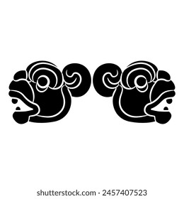 Diseño animal simétrico con dos cabezas de jaguar estilizadas. Arte étnico indígena de América del Norte de los indígenas totonac de la antigua Veracruz, México. Silueta en blanco y negro.