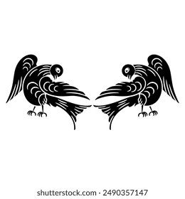 Symmetrical animal design with two stylized birds. Old Russian folk style. Black and white silhouette.