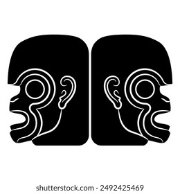 Symmetrical animal design with two stylized monkey heads in profile. Ethnic motif of Maya Indians from ancient Guatemala. Black and white silhouette.