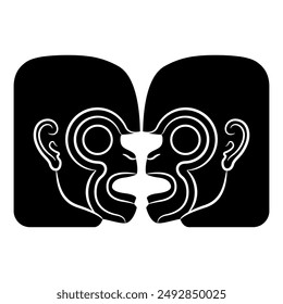 Symmetrical animal design with two stylized monkey heads in profile. Ethnic motif of Maya Indians from ancient Guatemala. Black and white silhouette.