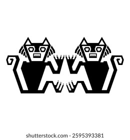 Symmetrical animal design with two stylized cats. Native American art from ancient Peru. Nazca culture. Black and white silhouette.