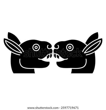 Symmetrical animal design with two stylized heads of a hare or rabbit. Ethnic Native American symbol from Mexican codex. Black and white silhouette.