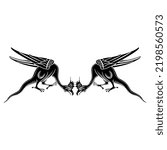 Symmetrical animal design with two winged dragons or basilisks. Medieval Gothic illuminated manuscript style. Black and white negative silhouette.
