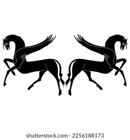 Symmetrical animal design with two winged horses. Medieval Russian folk style. Pegasus. Black and white silhouette.